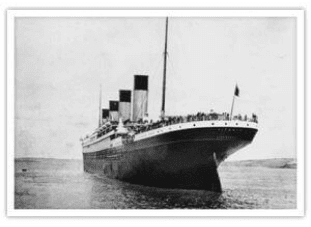Vintage black and white archival photograph print of RMS Titanic at sea